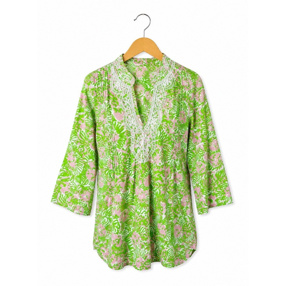 Lilly Pulitzer Sarasota Beaded Tunic Women Medium Green Pink Cotton Preppy Boho